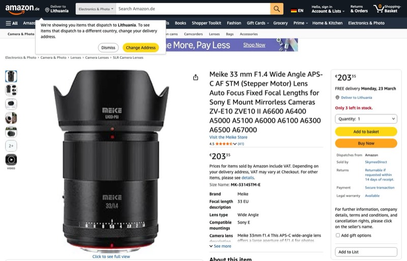Meike 33mm F1.4 Weitwinkel APS-C AF STM Objektiv Autofokus kaina Amazon.de — 203,35 €