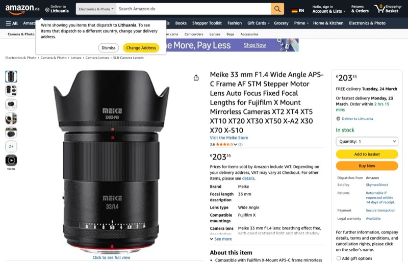 Meike 33mm F1.4 Weitwinkel APS-C Rahmen AF STM Objektiv kaina Amazon.de — 203,35 €