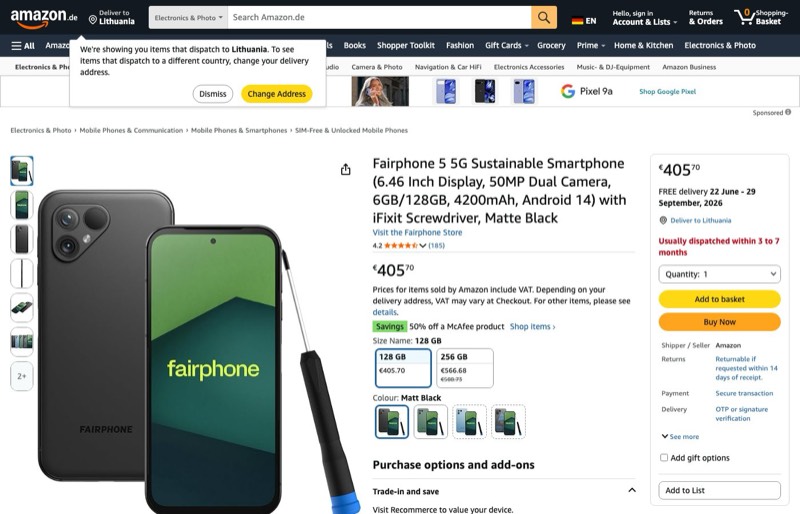Fairphone 5 128GB kaina Amazon.de — 405,70 €