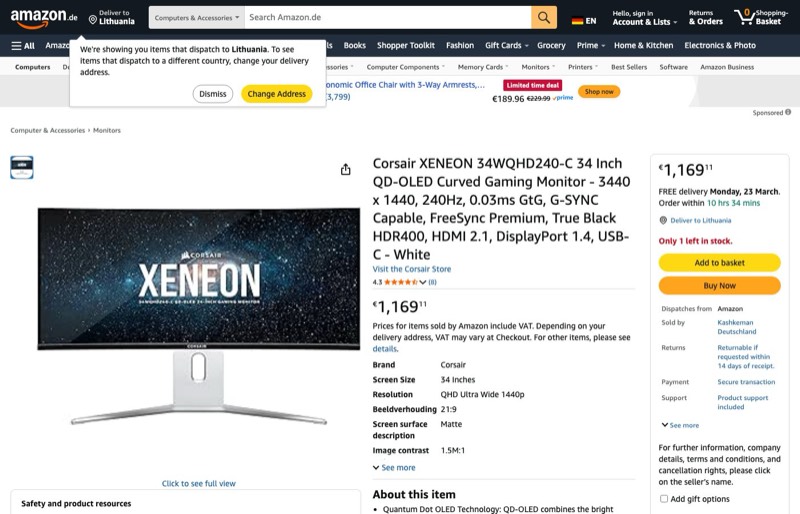 Corsair XENEON 34WQHD240-C QD-OLED Gekrümmtes Gaming kaina Amazon.de — 1169,11 €