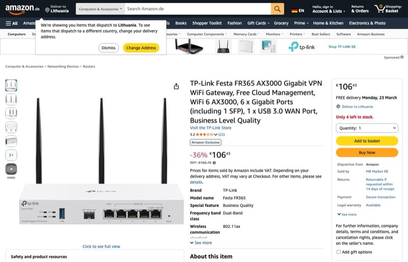 TP-Link Festa FR365 AX3000 Gigabit VPN WiFi Gateway kaina Amazon.de — 106,43 €