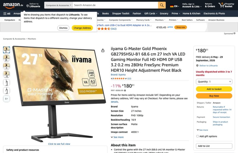 iiyama G-Master Phoenix GB2795HSU-B1 68 kaina Amazon.de — 180,51 €