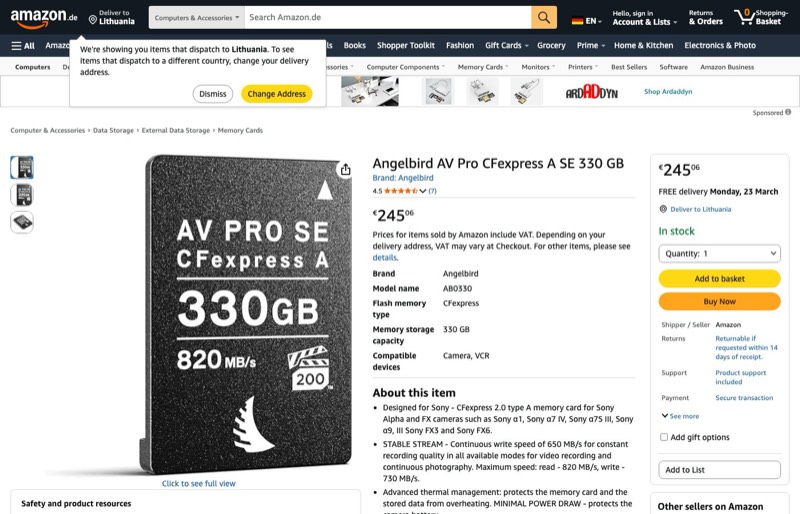 Angelbird AV Pro CFexpress A SE 330 GB kaina Amazon.de — 245,06 €