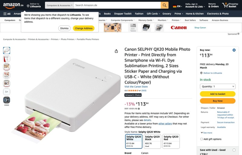 Canon SELPHY QX20 Fotodrucker kaina Amazon.de — 113,84 €