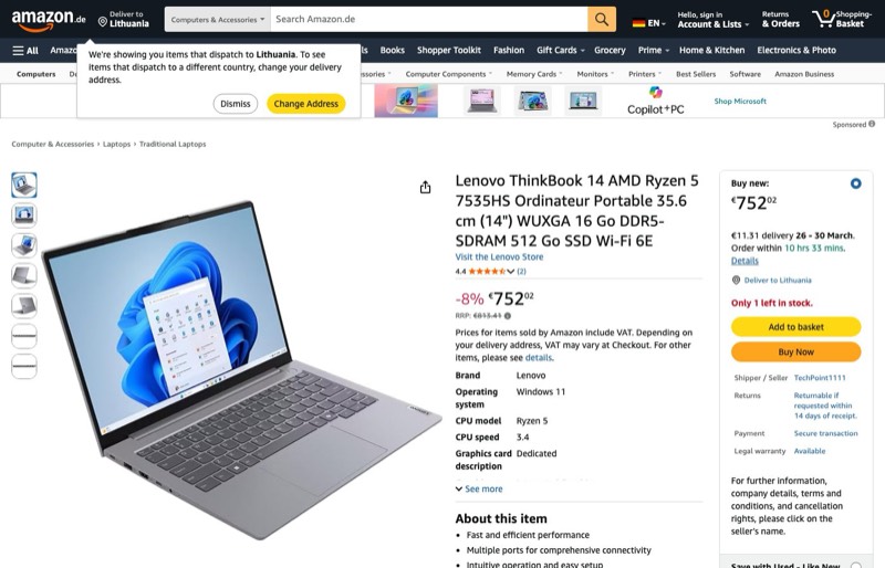 Lenovo ThinkBook 14 AMD Ryzen™ 5 7535HS Ordinateur 35 kaina Amazon.de — 752,02 €