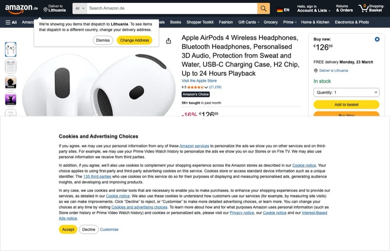 Apple AirPods 4 kaina Amazon.de — 126,69 €