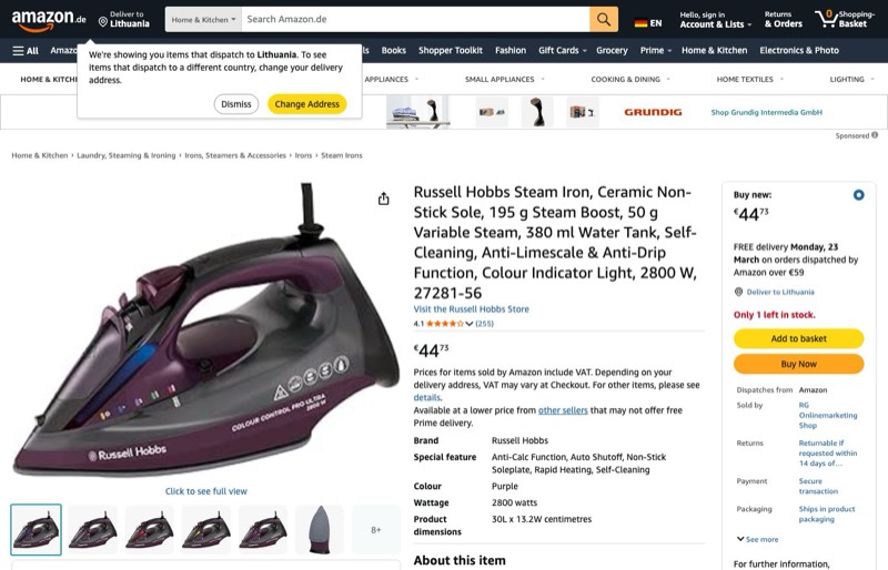 Russell Hobbs 27281 Colour Control Pro 2800W kaina Amazon.de — 44,73 €