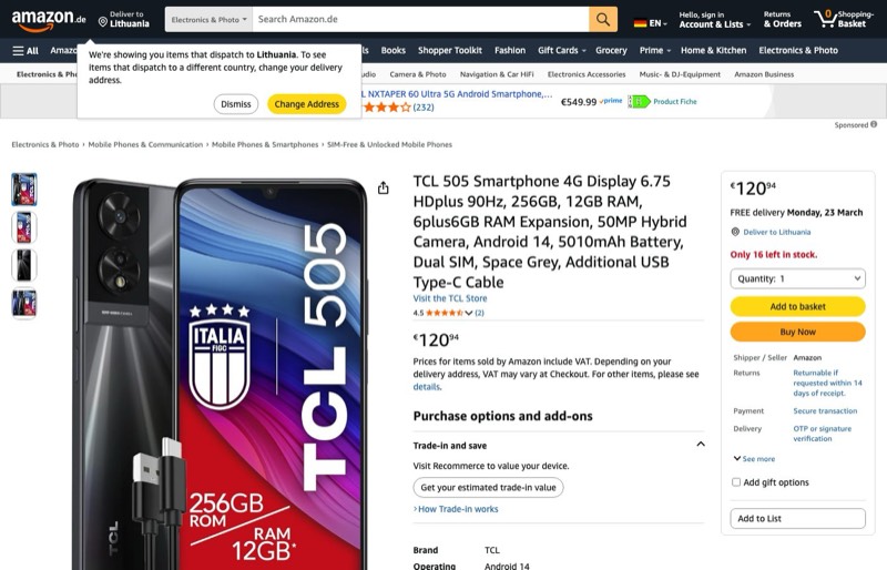 TCL 505 4G 256GB kaina Amazon.de — 120,94 €