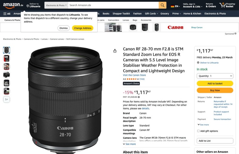 Canon RF 28-70mm F2.8 is STM -Zoomobjektiv EOS R Kameras 5 kaina Amazon.de — 1117,47 €