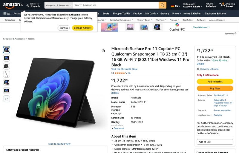 Microsoft Surface Pro 11 Copilot+ PC Qualcomm Snapdragon 1 kaina Amazon.de — 1722,36 €