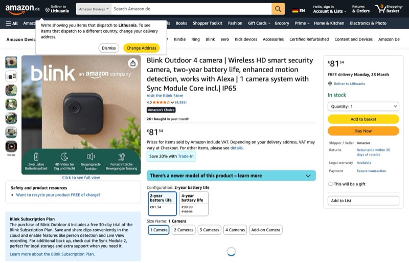 Blink- 4 | intelligente HD-Sicherheitskamera kaina Amazon.de — 81,34 €