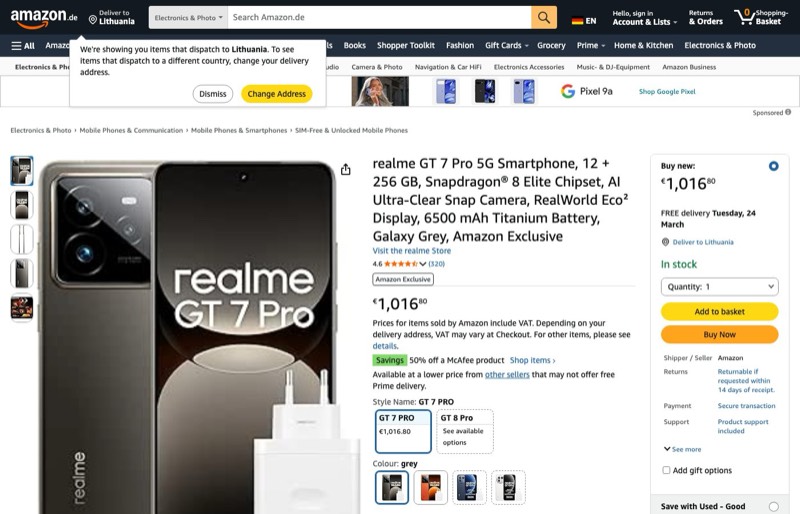 realme GT 7 Pro kaina Amazon.de — 1016,80 €