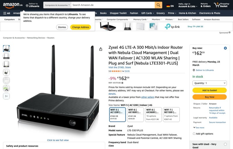 Zyxel 4G LTE-A Router kaina Amazon.de — 162,59 €