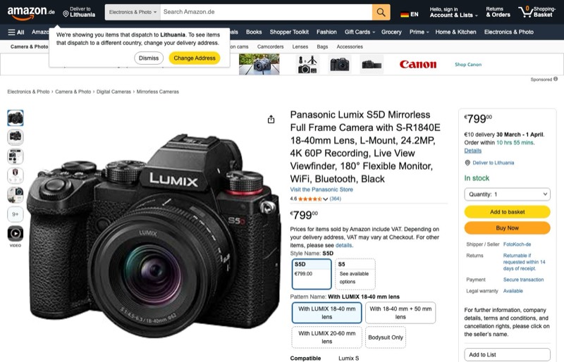 Panasonic Lumix S5D kaina Amazon.de — 799,00 €