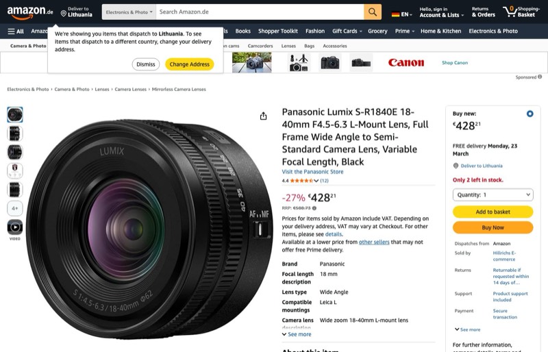 Panasonic Lumix S 18-40mm f/4.5-6.3 kaina Amazon.de — 428,21 €