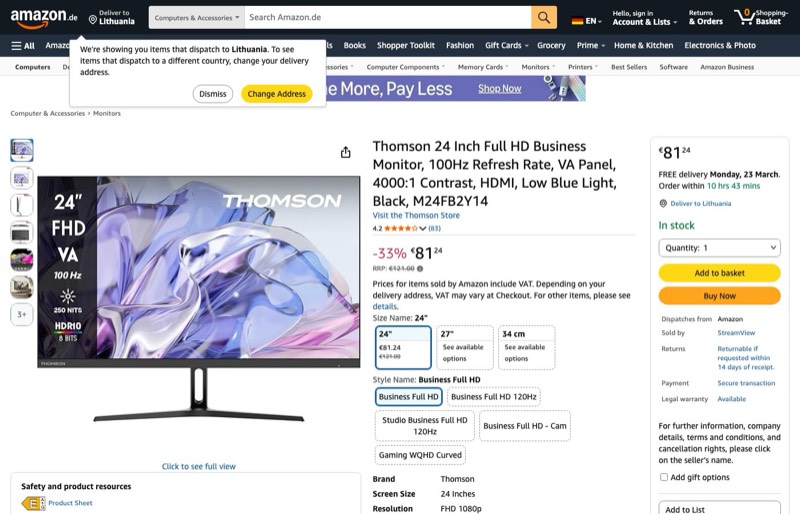 Thomson M24FB2Y14 24" FHD Monitor kaina Amazon.de — 81,24 €