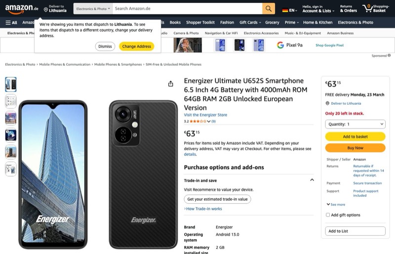 Energizer Ultimate U652S 64GB kaina Amazon.de — 63,15 €