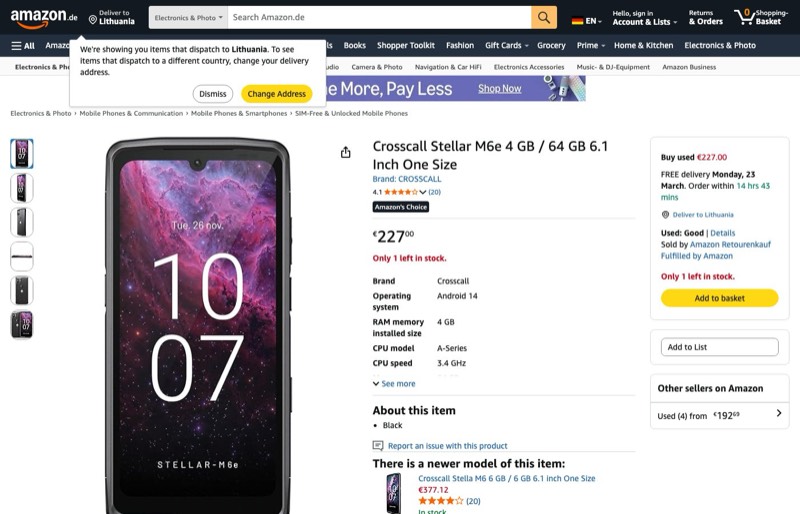 Crosscall Stellar M6e 64GB kaina Amazon.de — 227,00 €