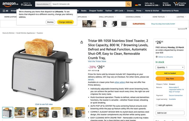 Tristar BR-1058 2-Slice Toaster kaina Amazon.de — 26,93 €