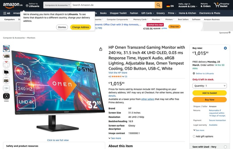 HP Omen Transcend Gaming- 240 Hz kaina Amazon.de — 1015,80 €