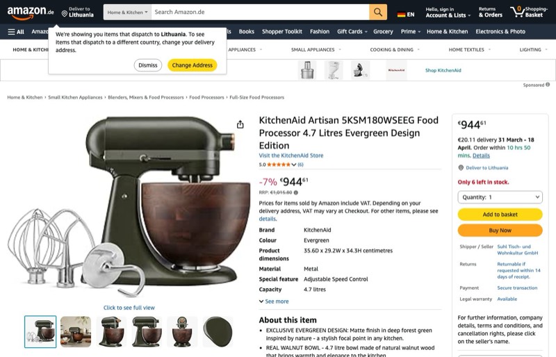KitchenAid Artisan 5KSM180 4,7L kaina Amazon.de — 944,61 €