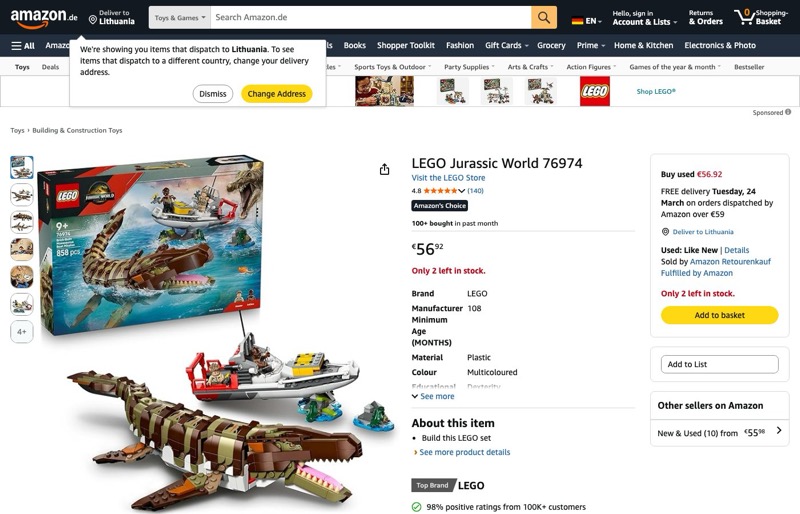 LEGO Jurassic World 76974 kaina Amazon.de — 56,92 €