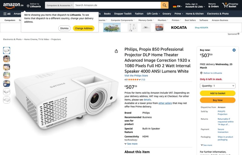 Philips Propix 850 Full HD Projector kaina Amazon.de — 507,39 €