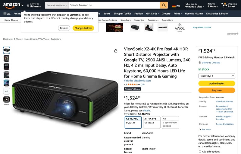 ViewSonic X2-4K Pro Echter 4K HDR Kurzdistanz Google TV kaina Amazon.de — 1524,19 €