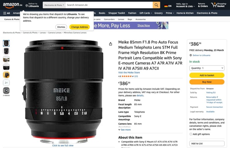 Meike 85 mm F1.8 Pro Autofokus kaina Amazon.de — 386,58 €