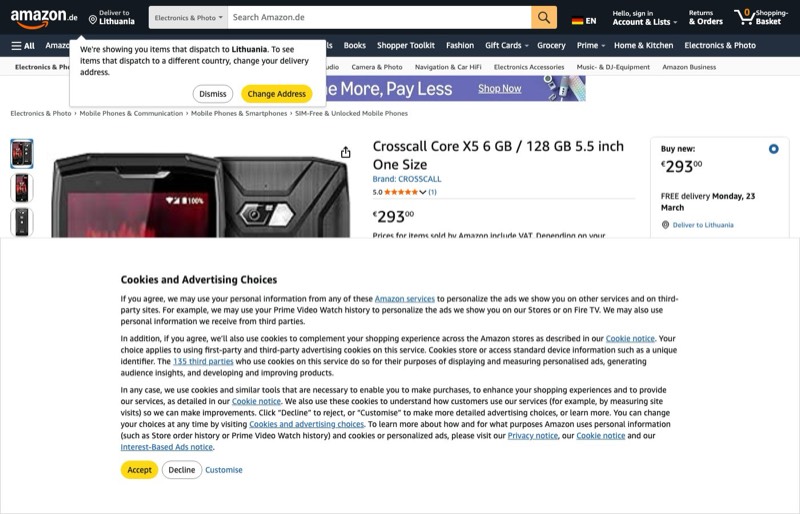 Crosscall Core X5 6gb/128gb 5.5´´ One Size kaina Amazon.de — 293,00 €