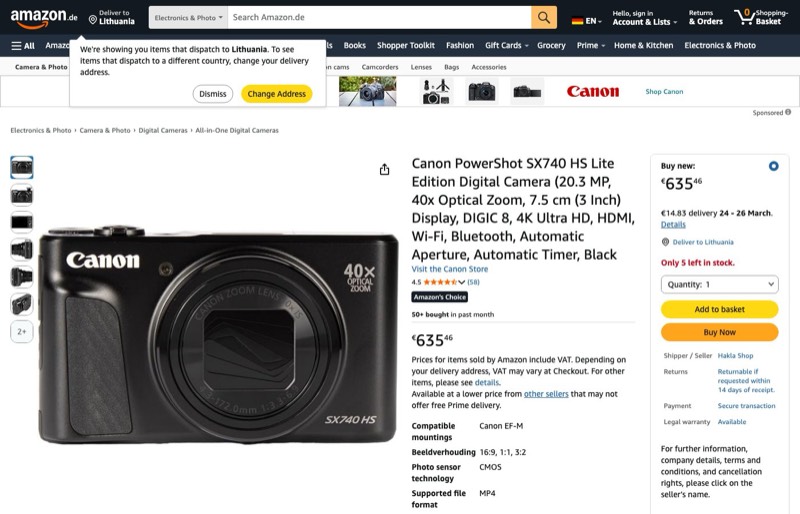 Canon PowerShot SX740 HS Lite Edition kaina Amazon.de — 635,46 €