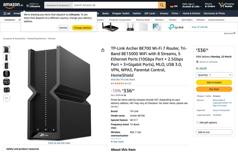 TP-Link Archer BE700 Wi-Fi 7 Router kaina Amazon.de — 336,89 €