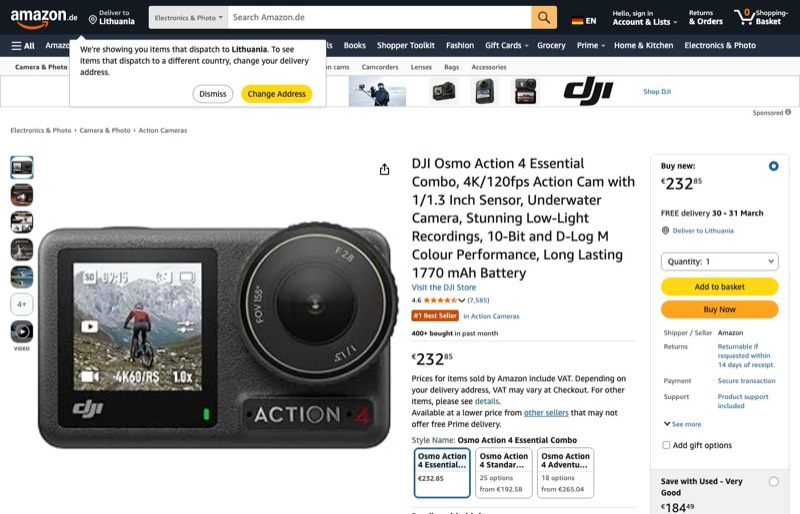 DJI Osmo Action 4 kaina Amazon.de — 232,85 €