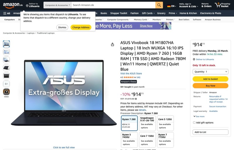 ASUS Vivobook 18 M1807HA | 18" WUXGA 16:10 IPS Display | kaina Amazon.de — 914,11 €