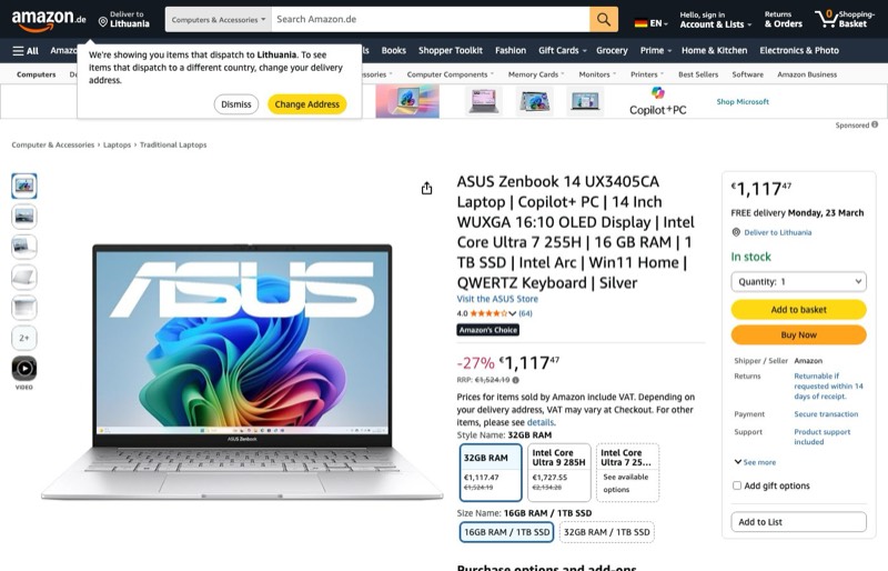 ASUS Zenbook 14 UX3405CA | Copilot+ PC | 14" WUXGA 16:10 kaina Amazon.de — 1117,47 €