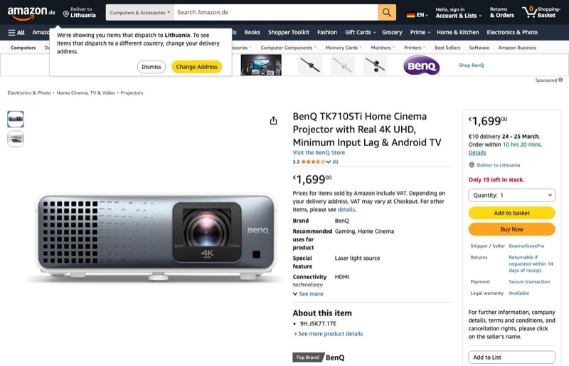 BenQ TK710STi kaina Amazon.de — 1699,00 €