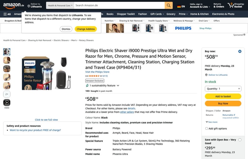 Philips elektrischer Rasierer i9000 Prestige Ultra kaina Amazon.de — 508,39 €