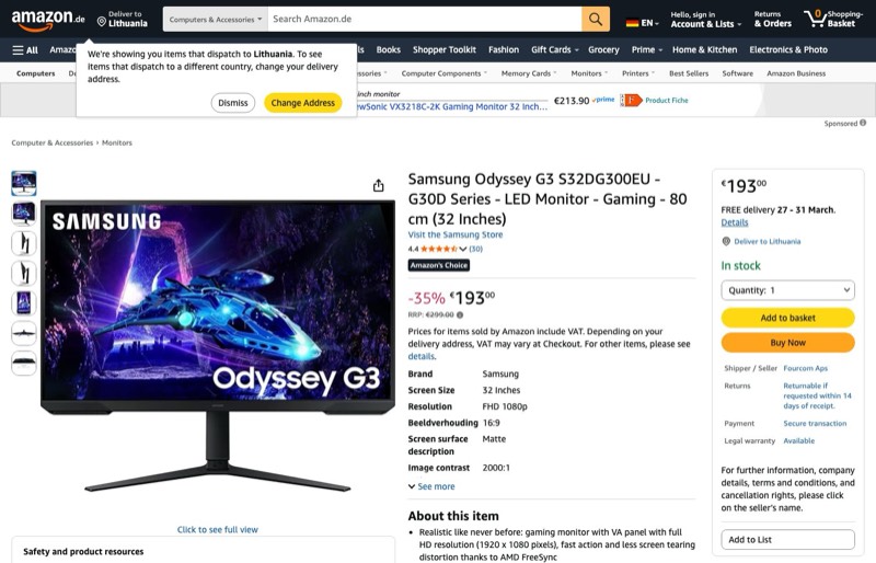 Samsung Odyssey G3 S32DG300EU kaina Amazon.de — 193,00 €
