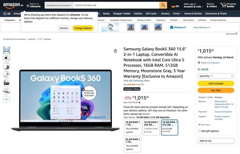 Samsung Galaxy Book5 360 15" Core Ultra 5 kaina Amazon.de — 1015,80 €