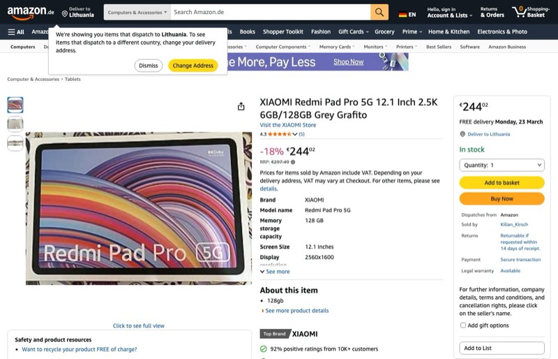 XIAOMI Redmi Pad Pro 12.1" 2.5K 6GB/128GB Gris Grafito kaina Amazon.de — 244,02 €