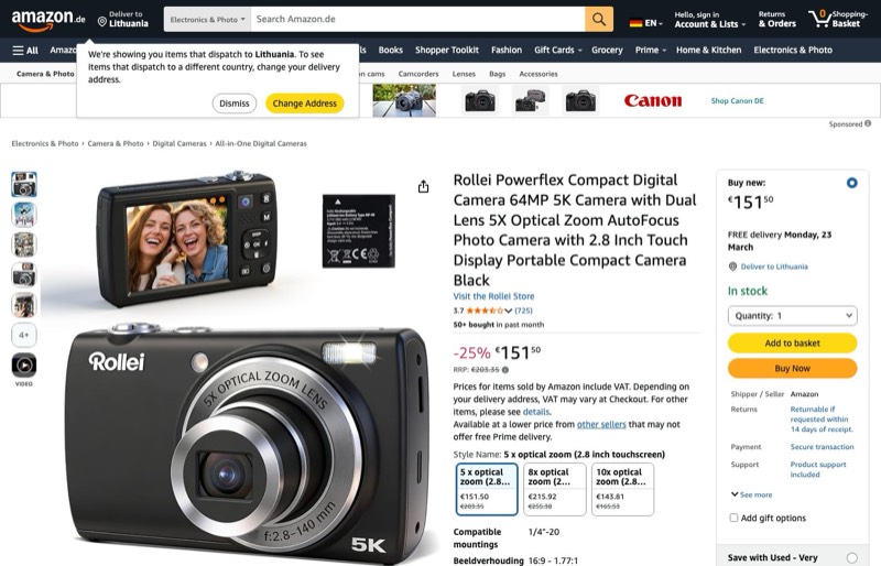 Fotoaparatas Rollei Powerflex Compact kaina Amazon.de — 151,50 €