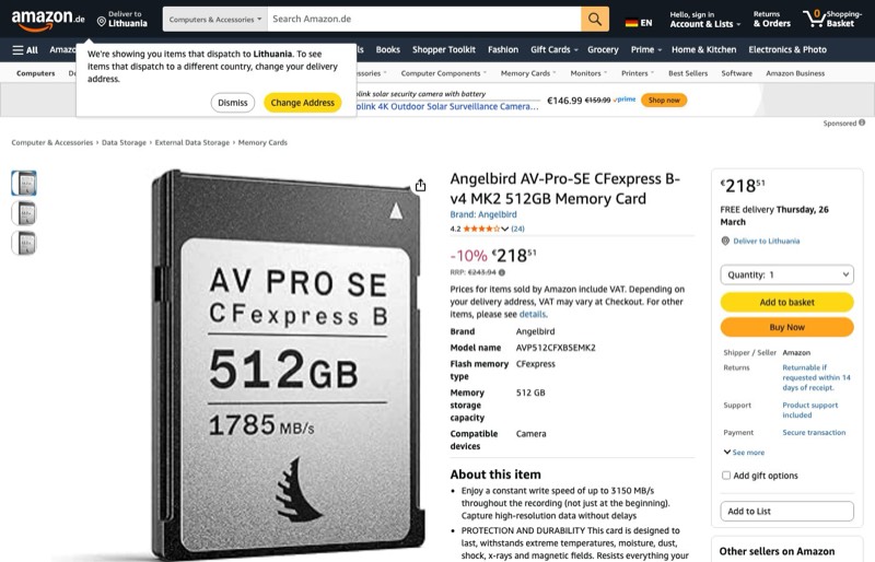 Angelbird AV-Pro-SE CFexpress B-v4 MK2-Speicherkarte kaina Amazon.de — 218,51 €