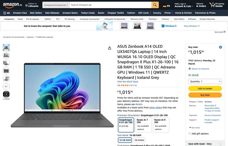 ASUS Zenbook A14 OLED UX3407QA | 14" WUXGA 16.10 OLED kaina Amazon.de — 1015,80 €