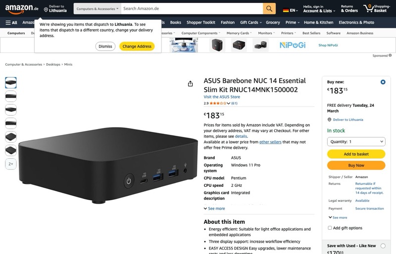 Asus NUC 14 Essential RNUC14MNK1500002 Barebone Intel N150 kaina Amazon.de — 183,15 €