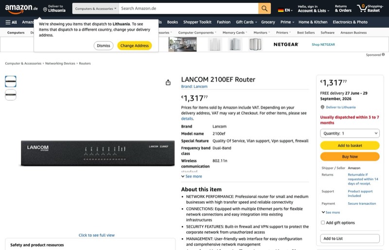 LANCOM 2100EF Router kaina Amazon.de — 1317,77 €