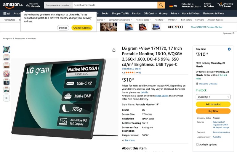 LG gram +View 17MT70 Portable Monitor kaina Amazon.de — 310,11 €