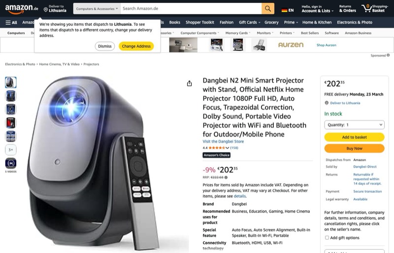 Dangbei N2 mini Smart kaina Amazon.de — 202,35 €