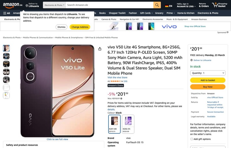 vivo V50 Lite kaina Amazon.de — 201,88 €