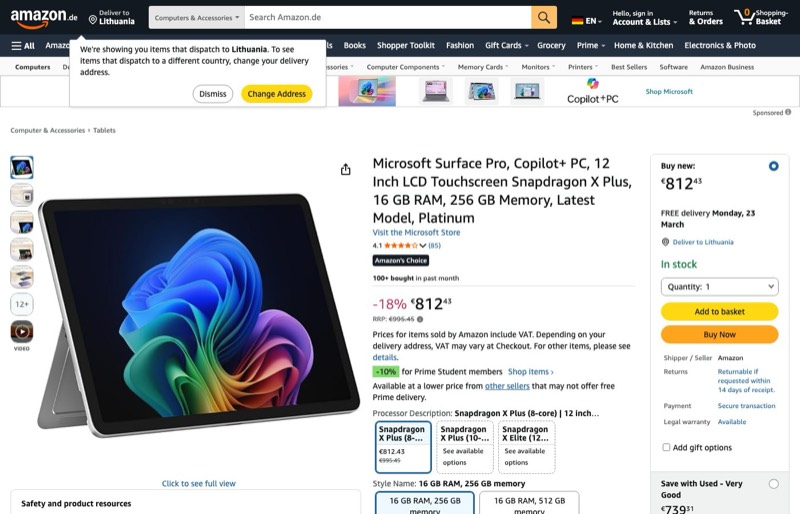 Microsoft Surface Pro | Copilot+ PC | 12” LCD Touchscreen | kaina Amazon.de — 812,43 €