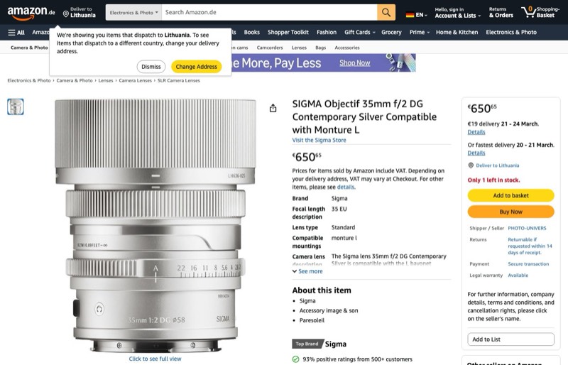 SIGMA Objectif 35mm f/2 DG Contemporary kompatibel Monture L kaina Amazon.de — 650,65 €